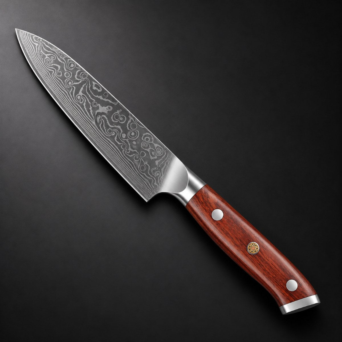 Santoku de 18 cm con patrón damasco grabado y mango de palo de rosa
