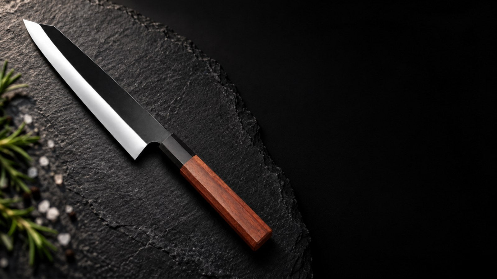 Kiritsuke de hoja negra y mango octogonal de palo de rosa sobre pizarra